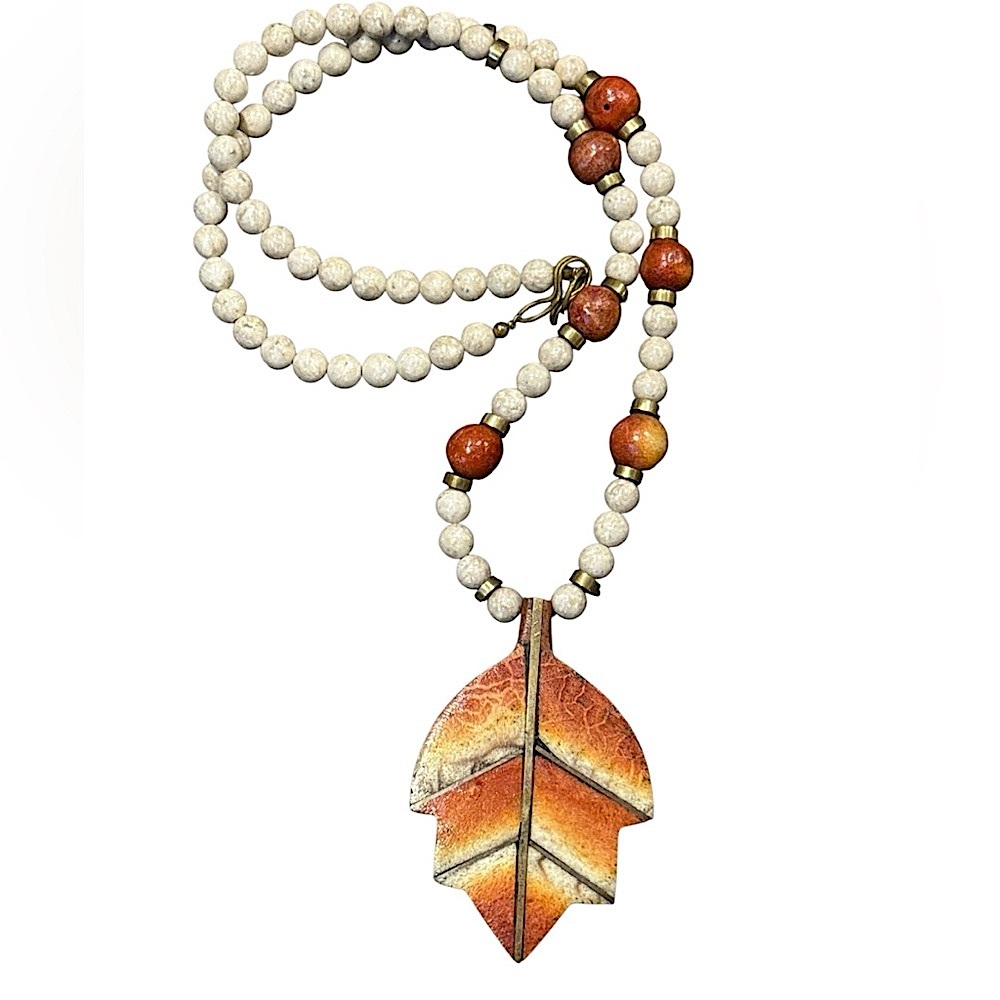 Vintage Maple Leaf Pendant Necklace - Orange and Cream